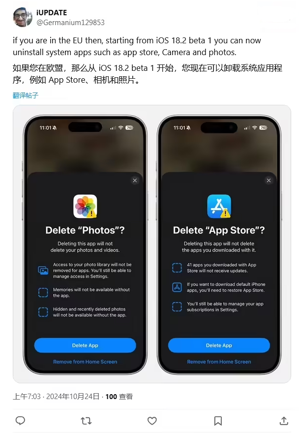 铁山港苹果手机维修分享iOS 18.2 支持删除 App Store 应用商店 