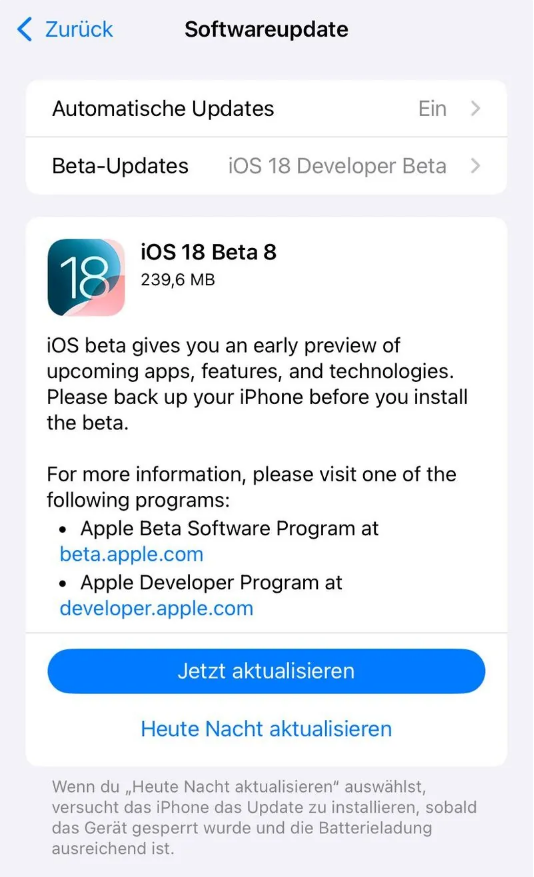 铁山港苹果手机维修分享苹果 iOS / iPadOS 18 开发者预览版 Beta 8 发布 